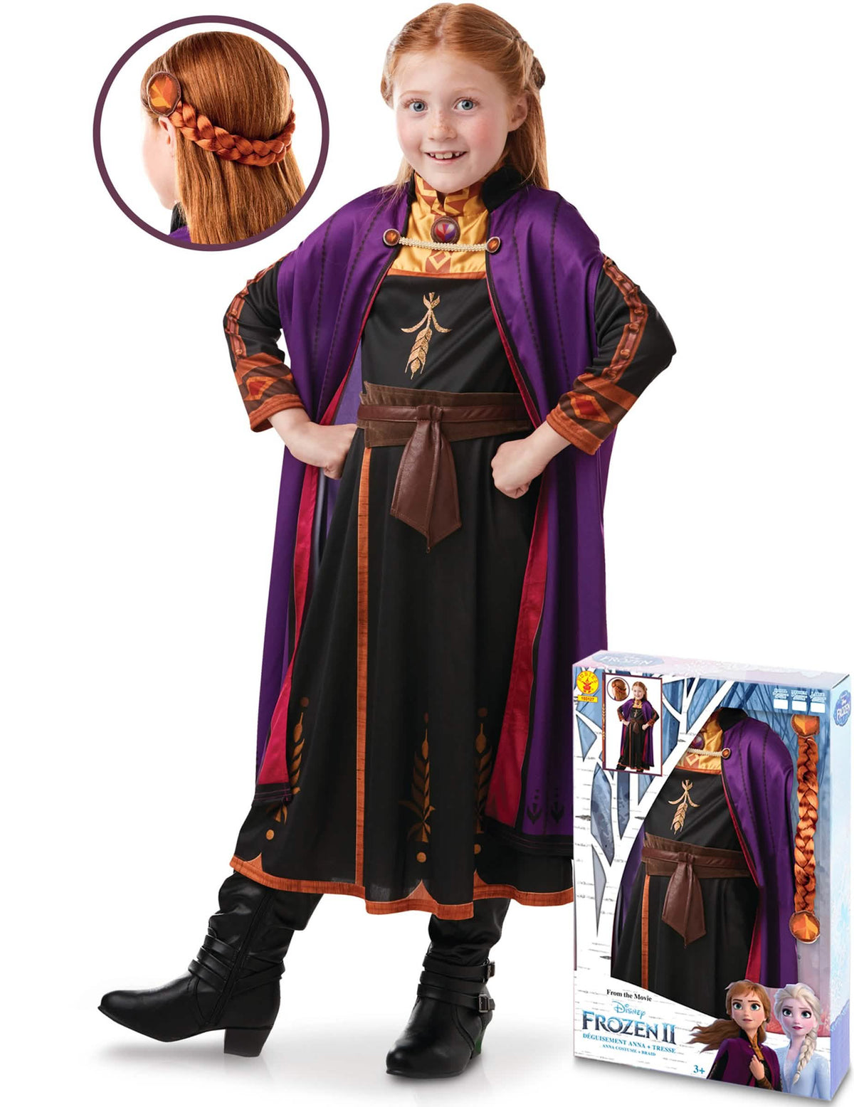 Coffret de disfarce e trança Anna Frozen 2 para menina preto e roxo com capa