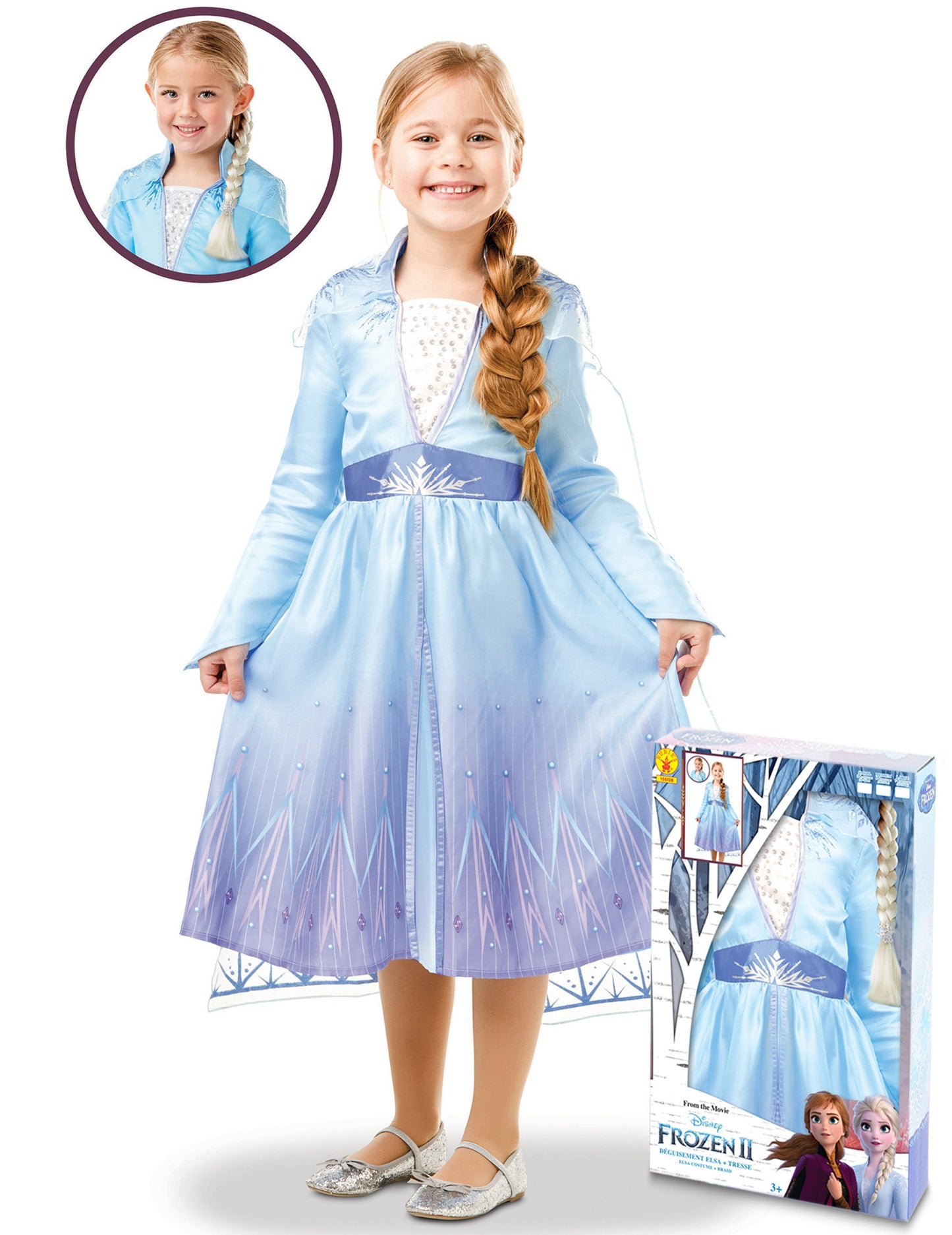Coffret déguisement et tresse Elsa La Reine des neiges 2 pour fille bleu ciel