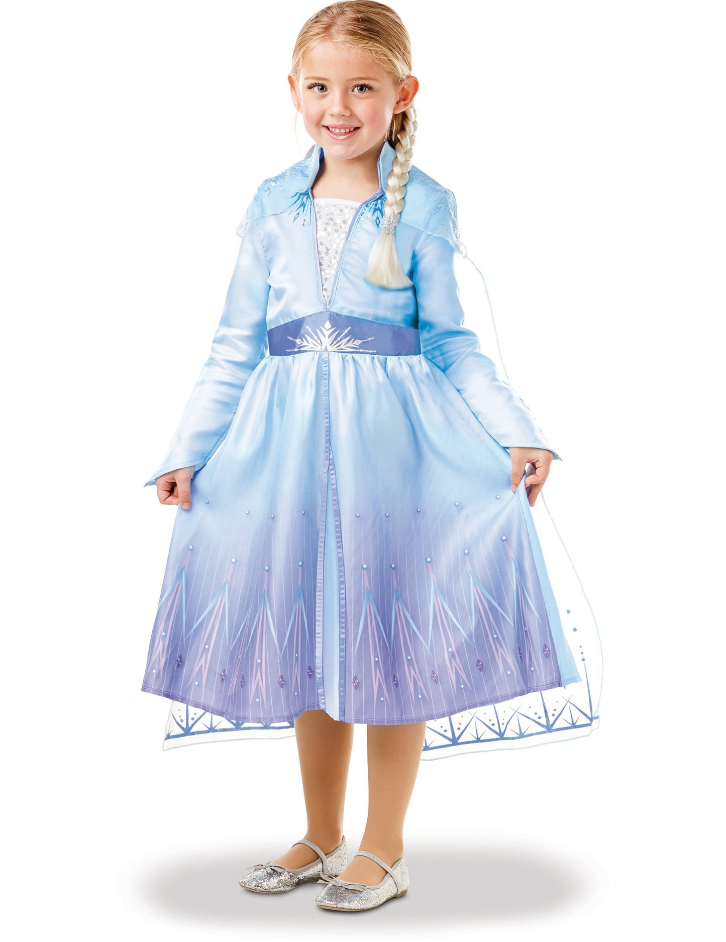 Vue de face du coffret déguisement et tresse Elsa La Reine des neiges 2