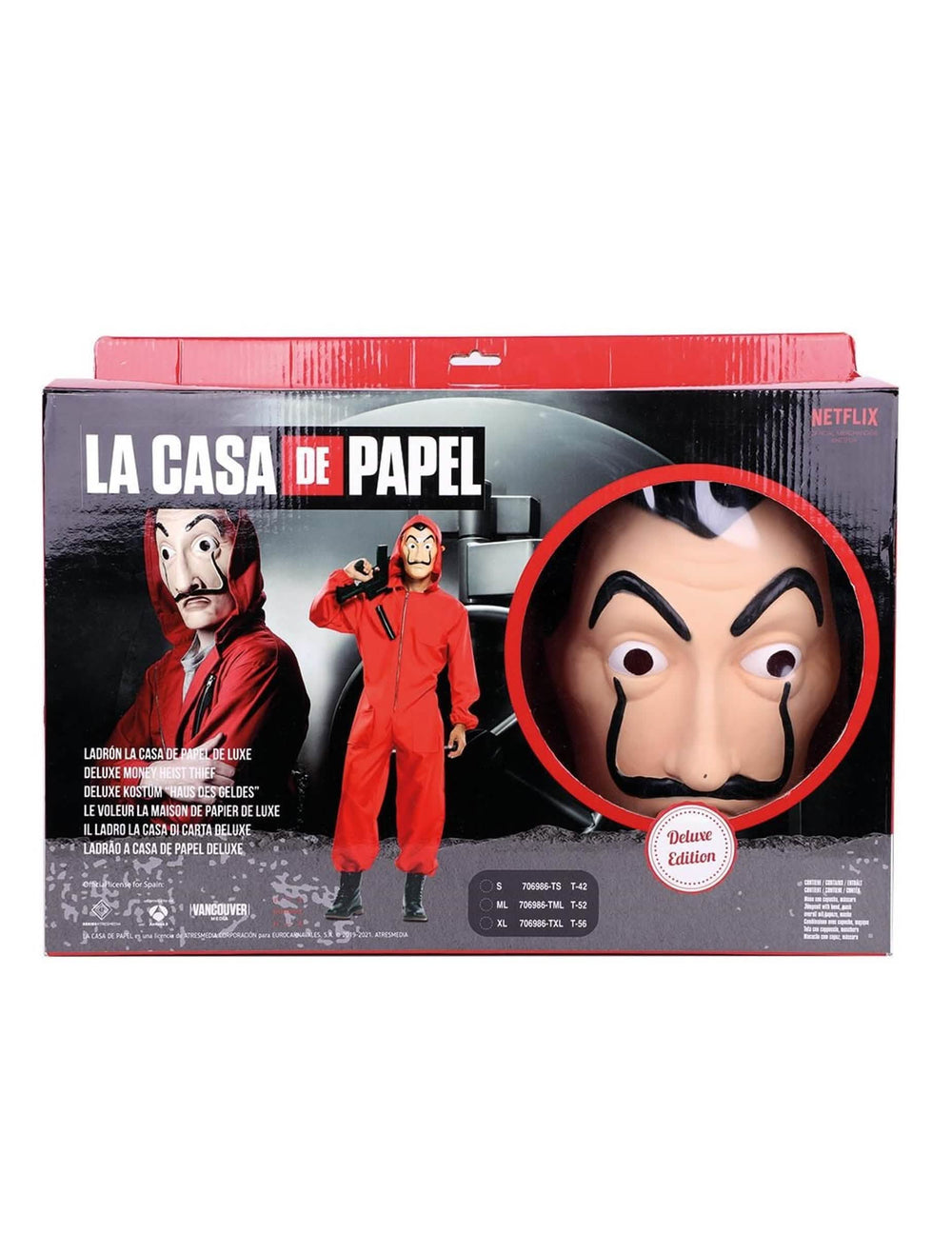 Vista da embalagem do conjunto de disfarce e máscara luxo La Casa de Papel para adulto