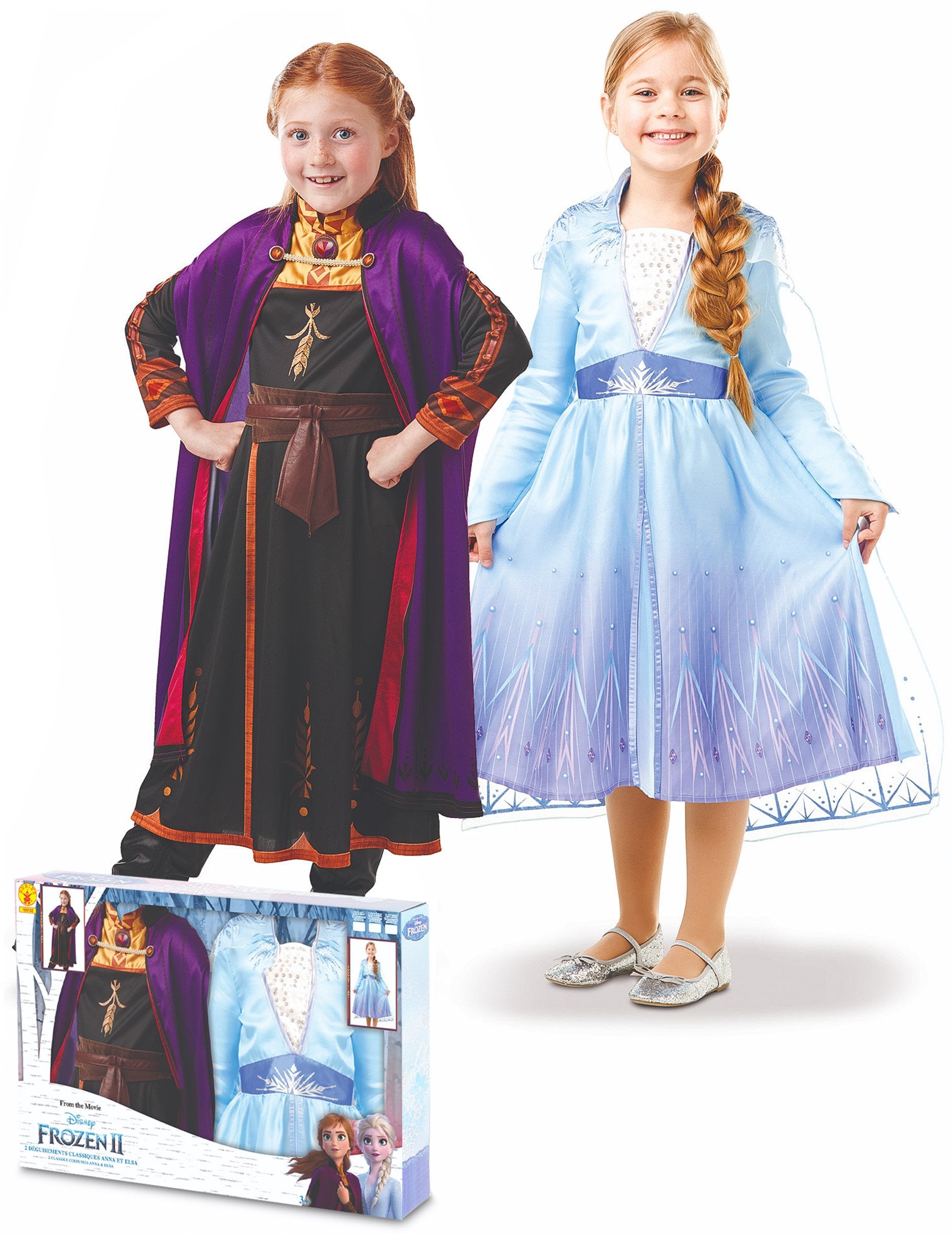 Coffret déguisements Elsa et Anna La Reine des neiges 2 pour fille avec robes noire et bleue