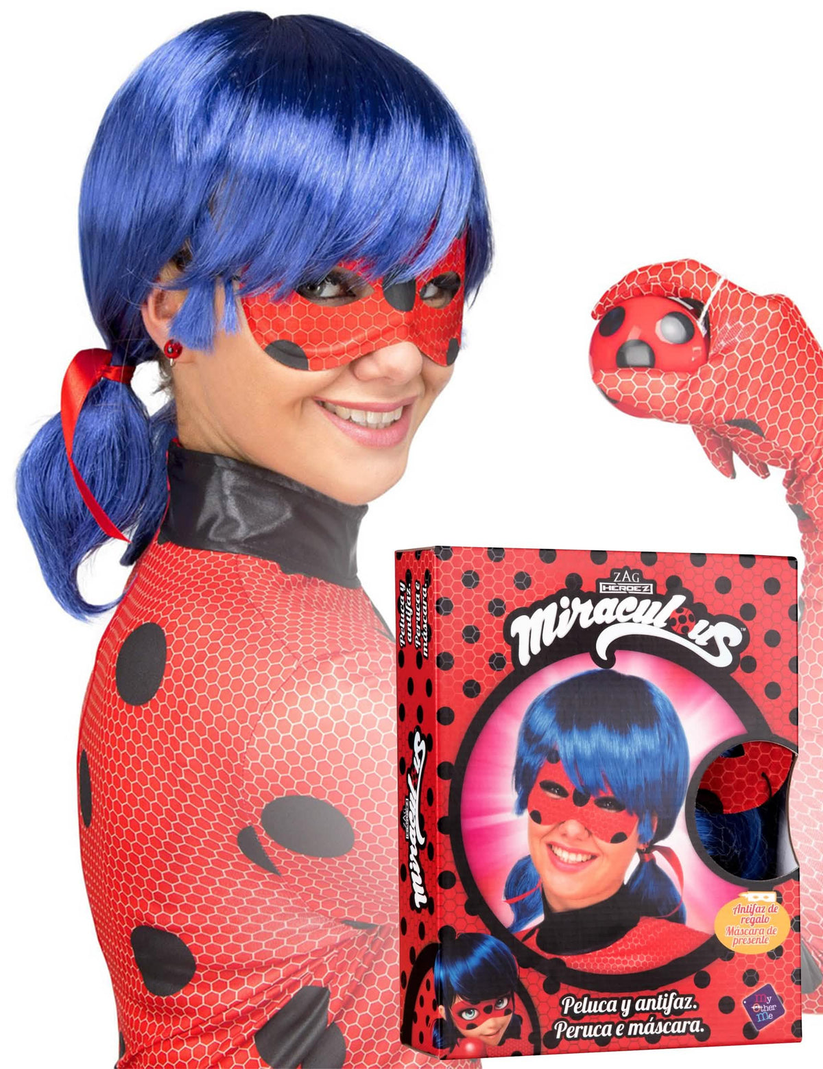 Caixa de embalagem do conjunto de peruca e máscara Ladybug para adulto