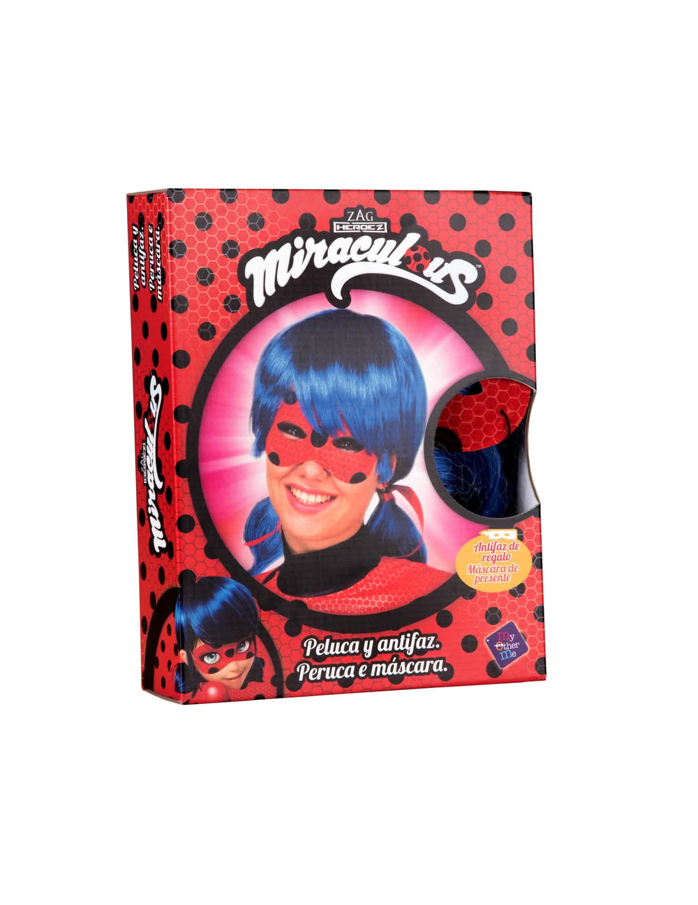 Caixa de embalagem do conjunto peruca e máscara Ladybug para adulto