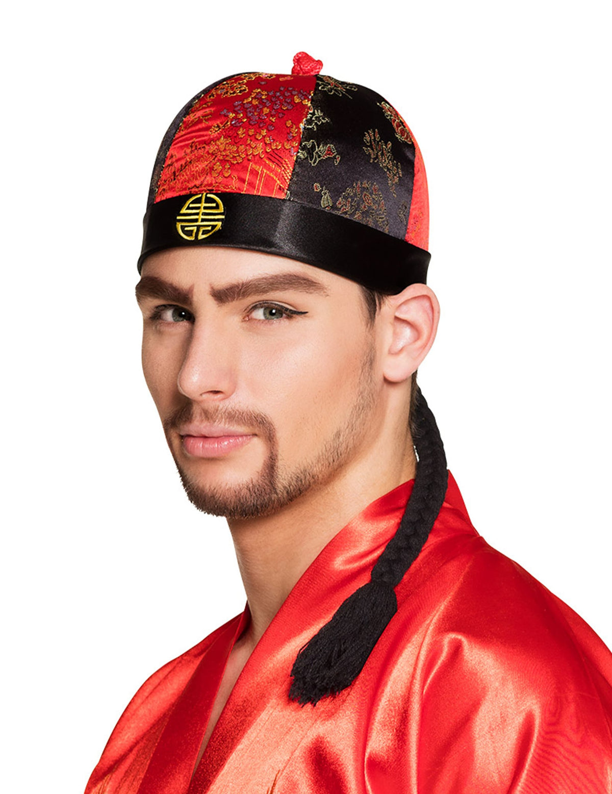 Coiffe chinois avec tresses pour adulte rouge et noir avec motifs et longue tresse noire