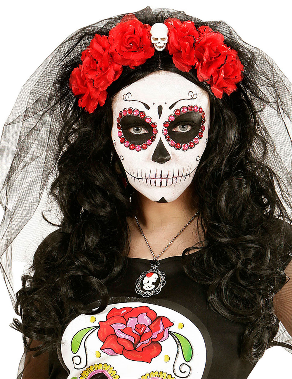 Coiffe fleurs rouges avec tête de mort Dia de los muertos pour femme avec voile noir