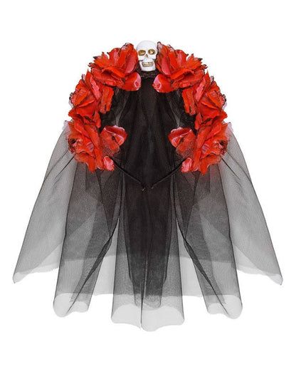 Vue de face du voile noir et des roses de la coiffe fleurs rouges avec tête de mort Dia de los muertos pour femme