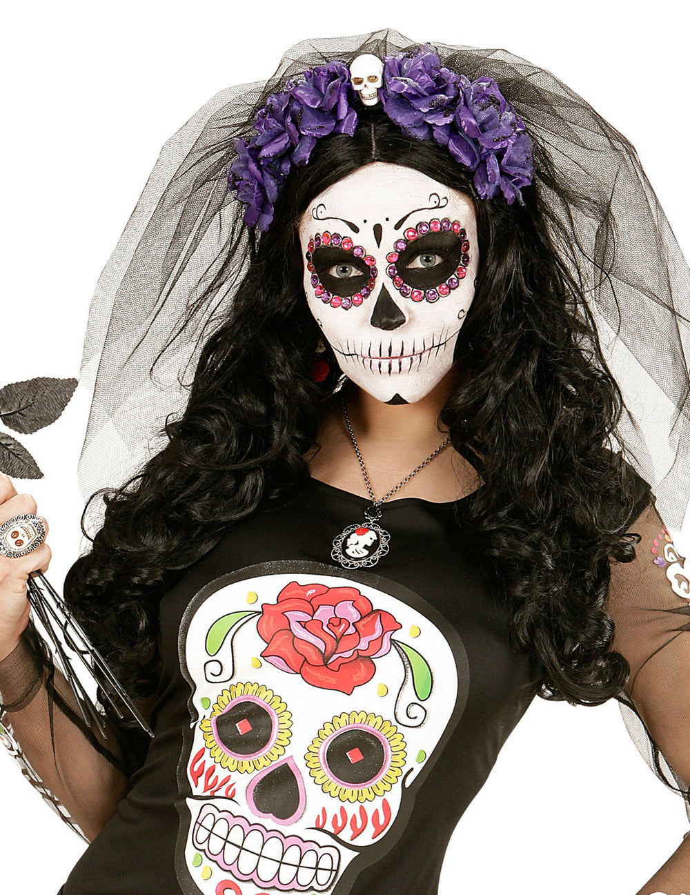 Coiffe fleurs violettes avec tête de mort Dia de los muertos pour femme violette et noire avec voile