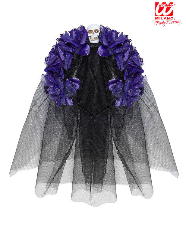 Vue du voile de la coiffe fleurs violettes avec tête de mort Dia de los muertos