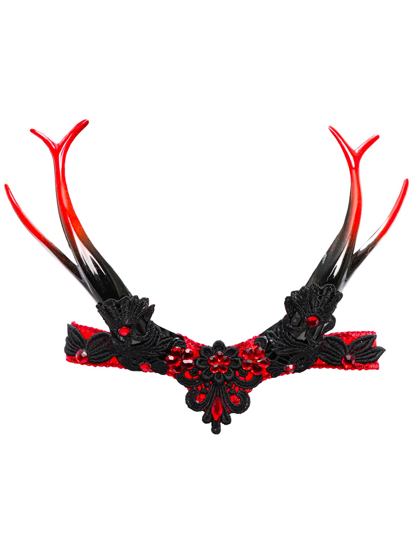 Coiffe gothique avec cornes pour femme noir et rouge avec dentelle et bijoux