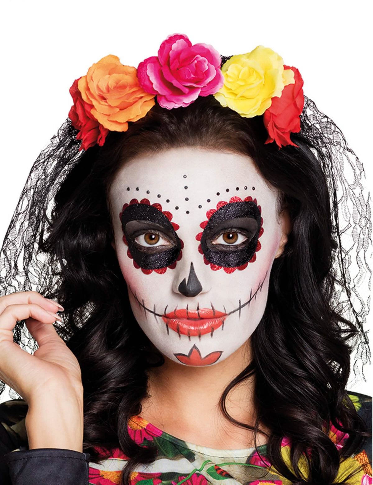 Cocar Dia de los muertos para adulto com grandes rosas multicolor e véu de renda preta