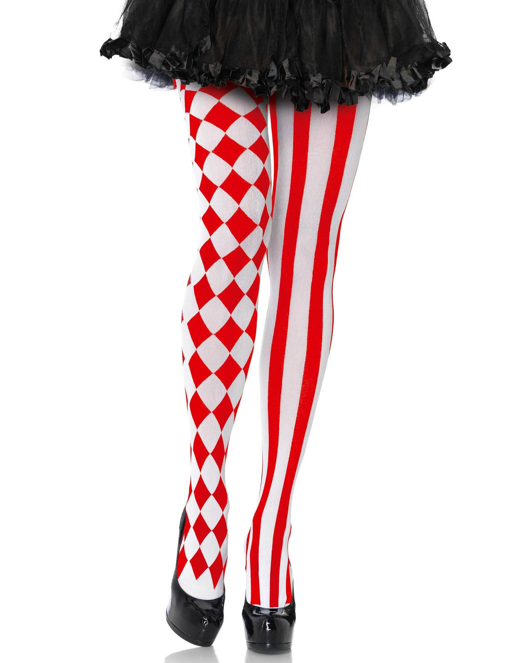 Collants arlequim para mulher vermelho e branco com losangos e riscas