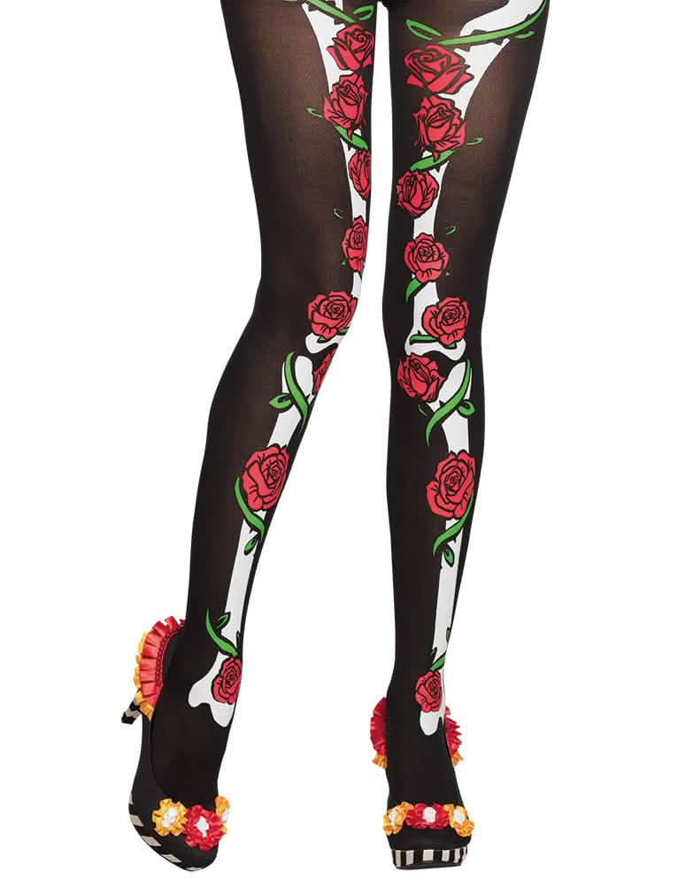 Collants Dia de los muertos para mulher pretos com estampado de esqueleto e rosas vermelhas