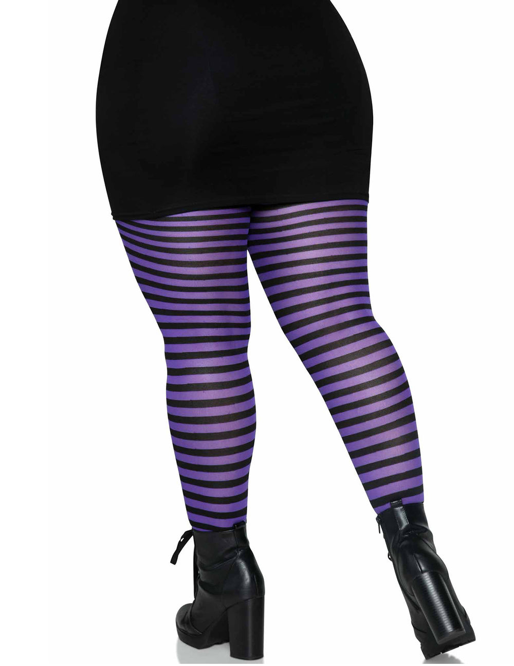 Vue de dos des collants rayés pour femme noirs et violets grande taille