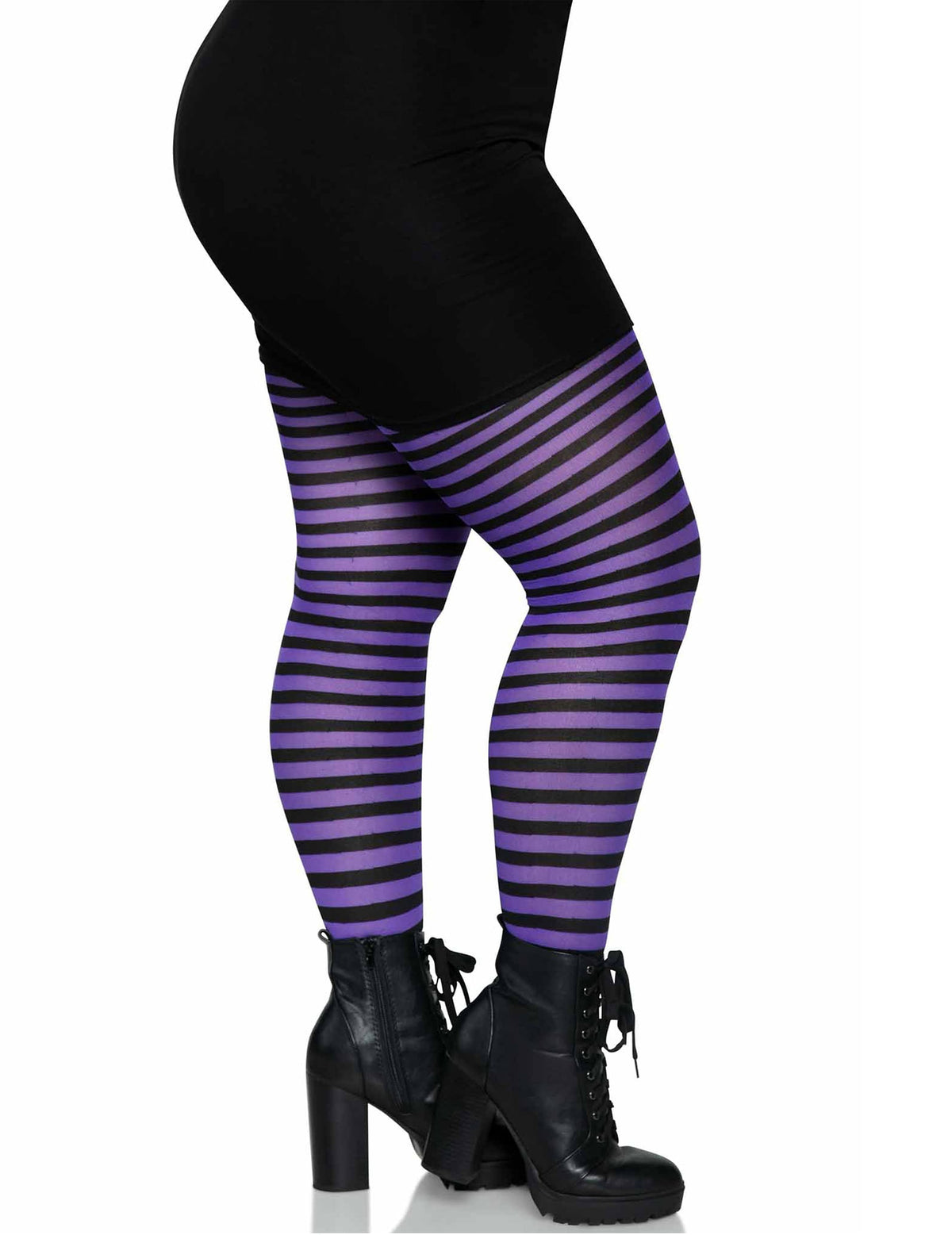Vue de profil des collants rayés pour femme noirs et violets grande taille