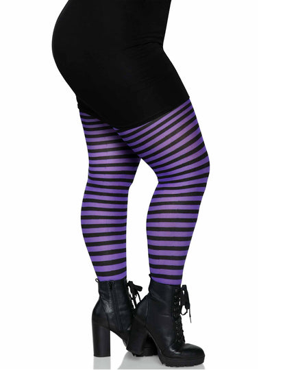 Vue de profil des collants rayés pour femme noirs et violets grande taille