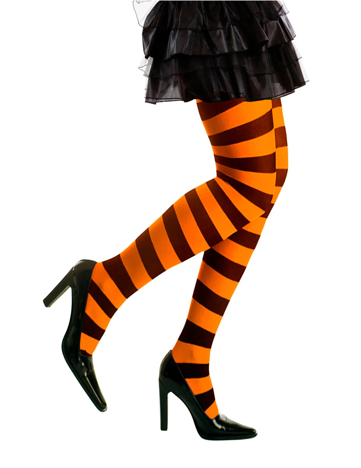 Vue de profil des collants rayés pour adulte orange et noirs