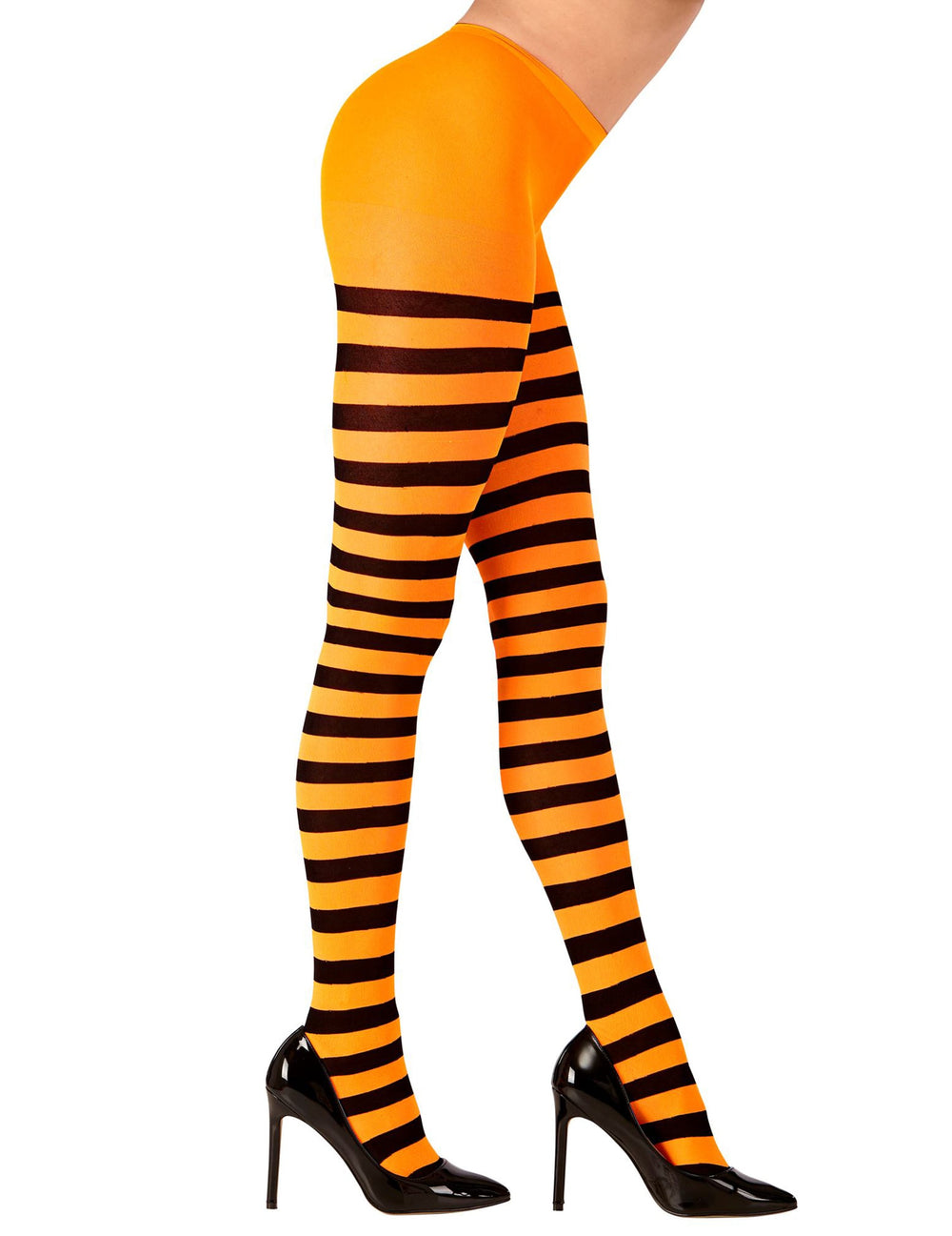 Vue de profil des collants rayés pour adulte orange et noirs
