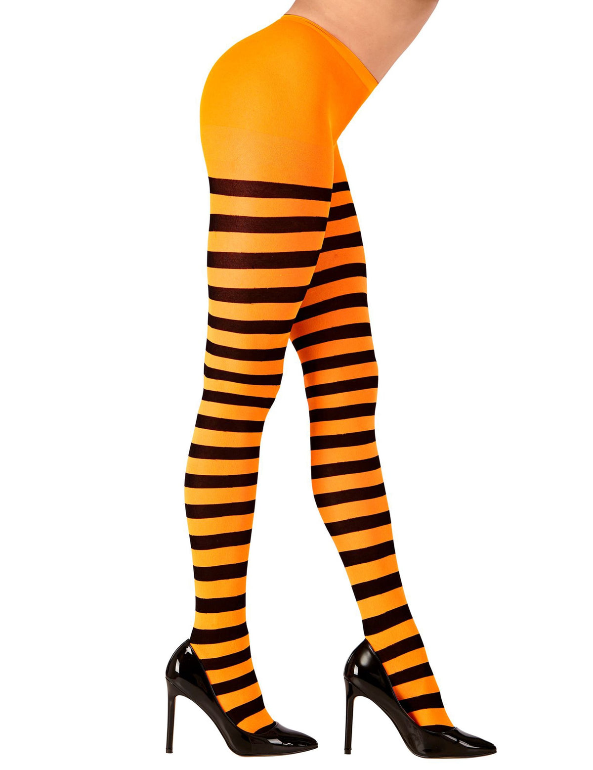 Vue de profil des collants rayés pour adulte orange et noirs