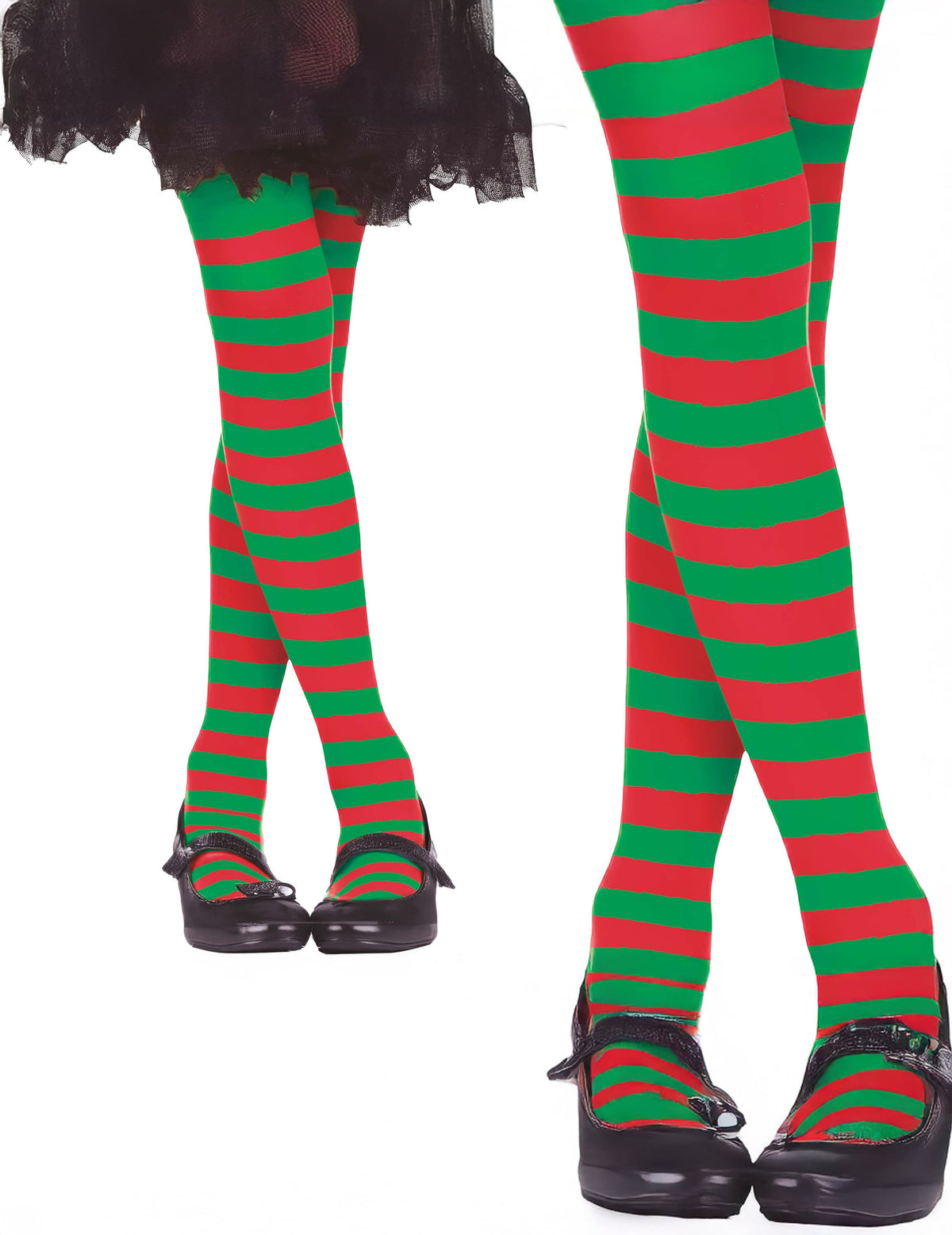 Détail du motif à rayures des collants rouge et vert pour enfant