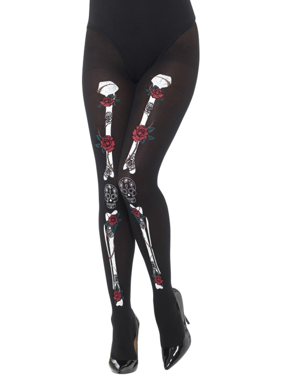 Collants squelette Dia de los muertos pour adulte noirs avec motifs os et roses rouges
