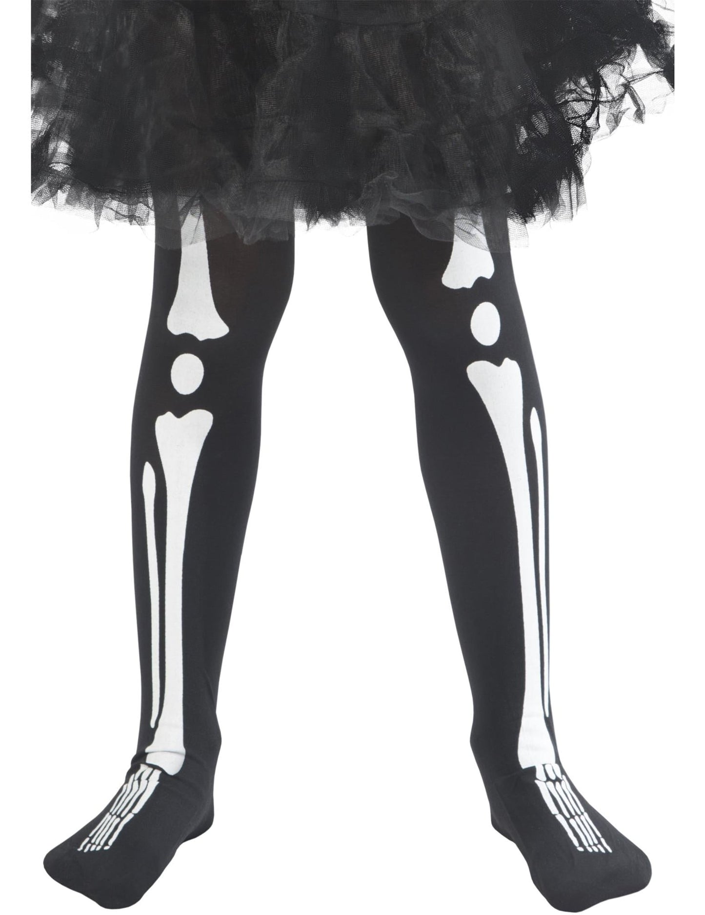 Gros plan sur l'imprimé os des jambes du collants squelette Halloween