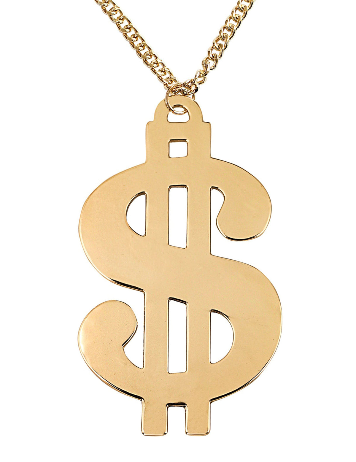 Gros plan sur le pendentif doré du collier dollars