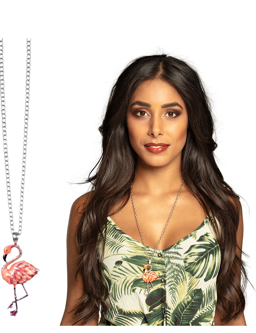 Vue portée et gros plan du collier en métal flamant rose pour adulte