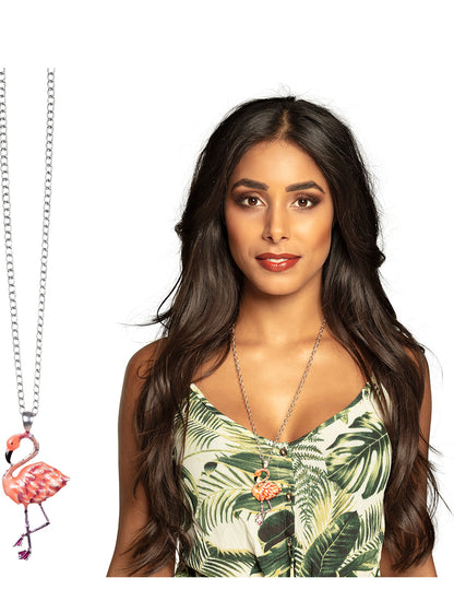 Vue portée et gros plan du collier en métal flamant rose pour adulte
