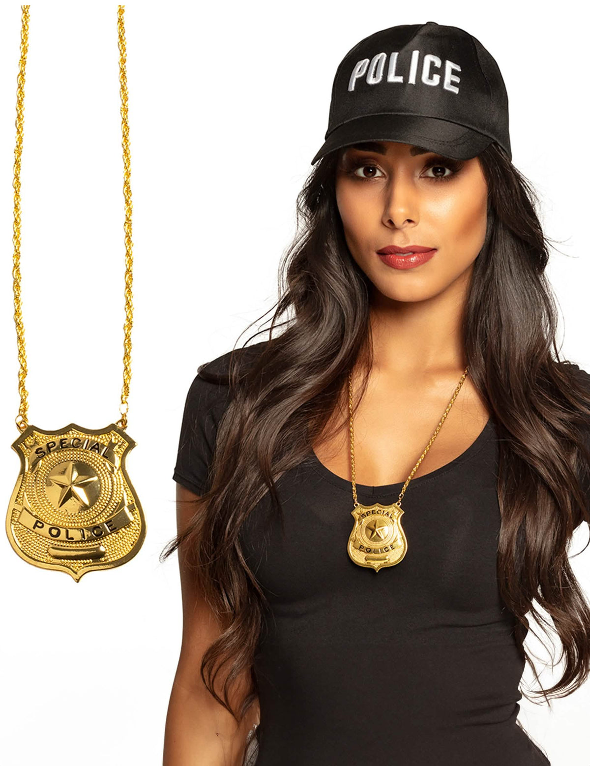 Detalhe e vista do colar em metal insígnia polícia