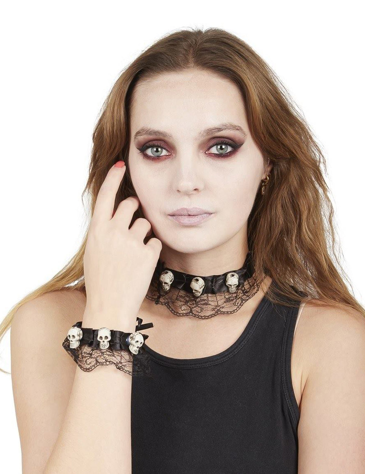 Collier et bracelet tête de mort Halloween pour femme en dentelle noire