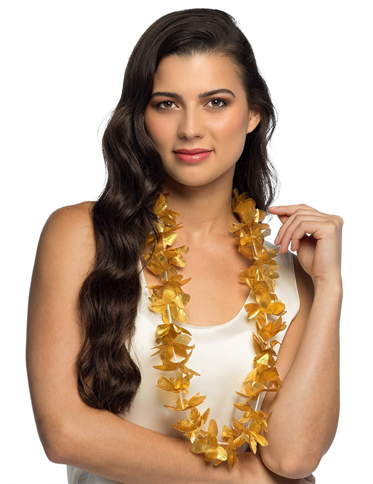Vista do colar de flores para adulto dourado