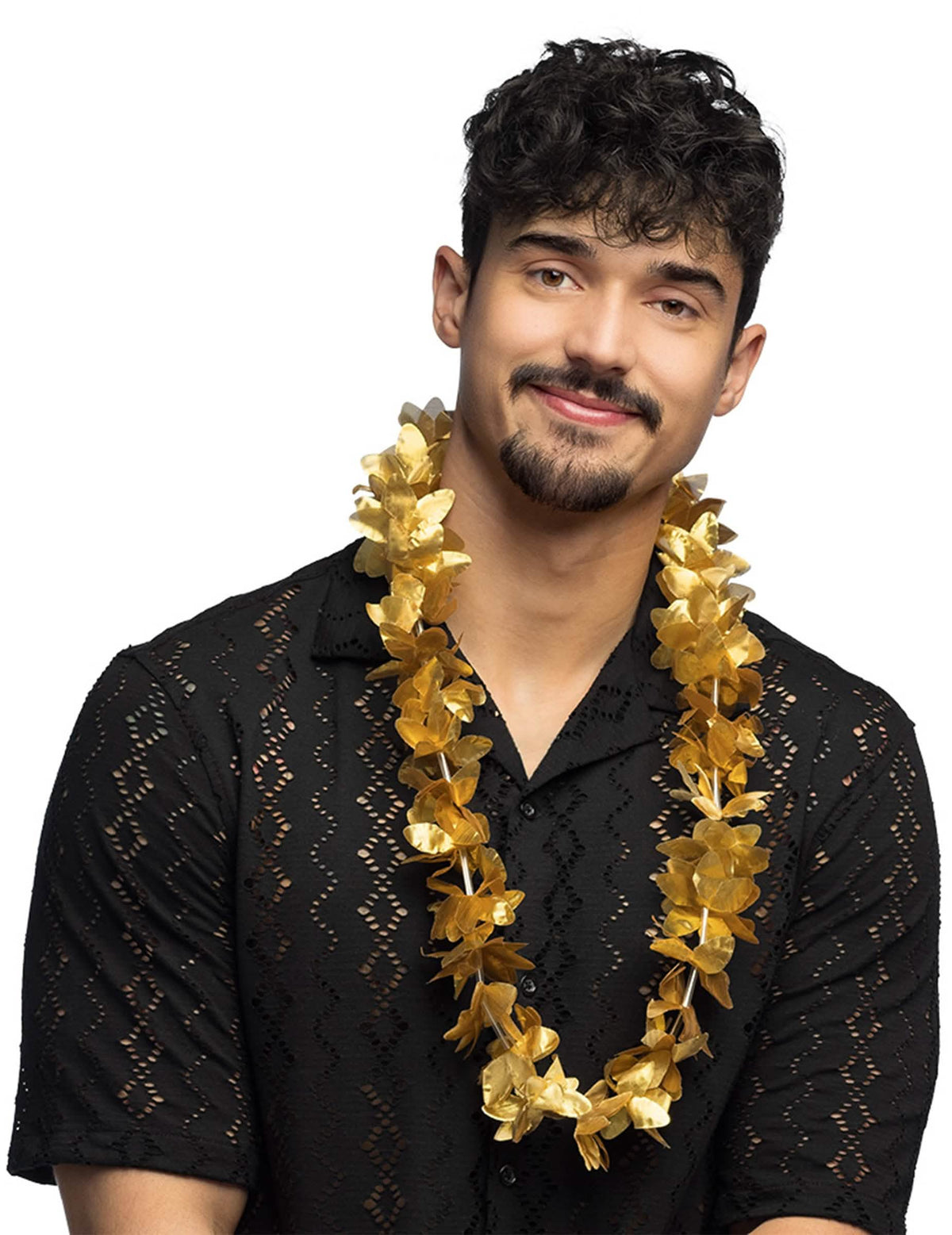 Grande plano do colar de flores para adulto dourado