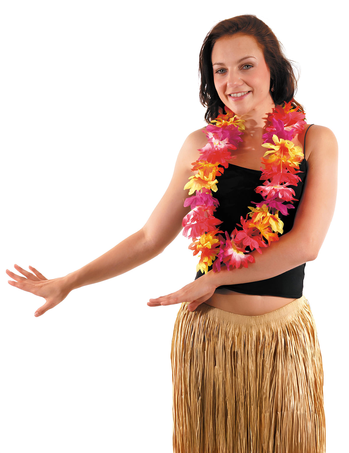 Collier Hawaï à grosses fleurs pour adulte rose orange et jaune