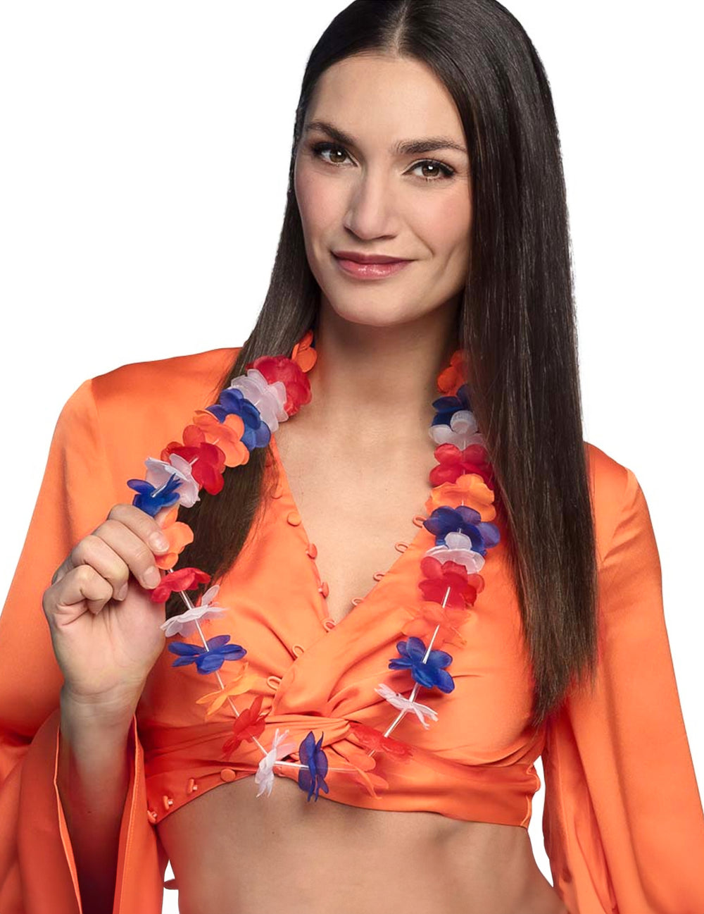 Collier Hawaï supporter Pays-Bas pour adulte orange rouge blanc et bleu