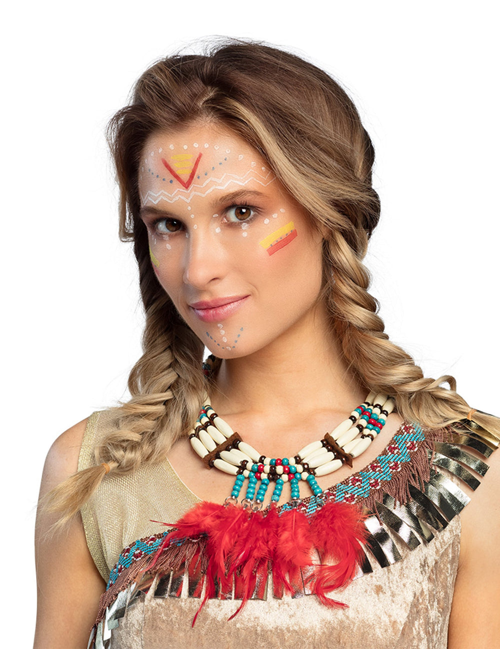 Collier indien avec plumettes rouges pour femme avec perles blanches et turquoise