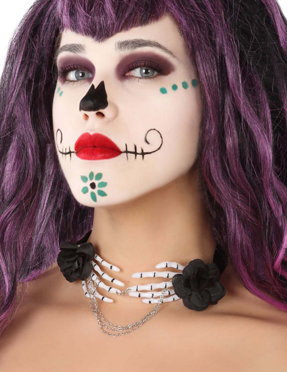 Collier mains de squelette dia de los muertos pour adulte blanc et noir avec fleurs noires et chainettes