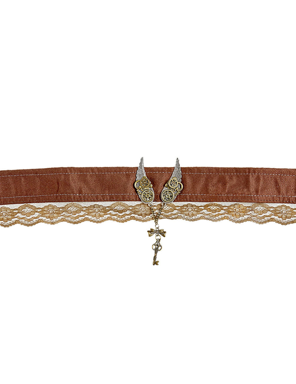 Collier ras de cou steampunk pour adulte marron avec dentelle et breloque clef