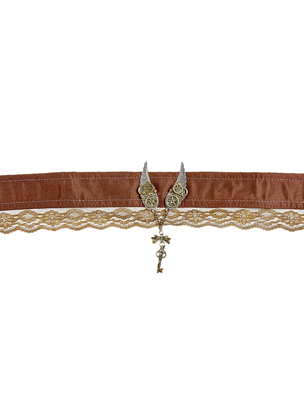 Collier ras de cou steampunk pour adulte marron avec dentelle et breloque clef