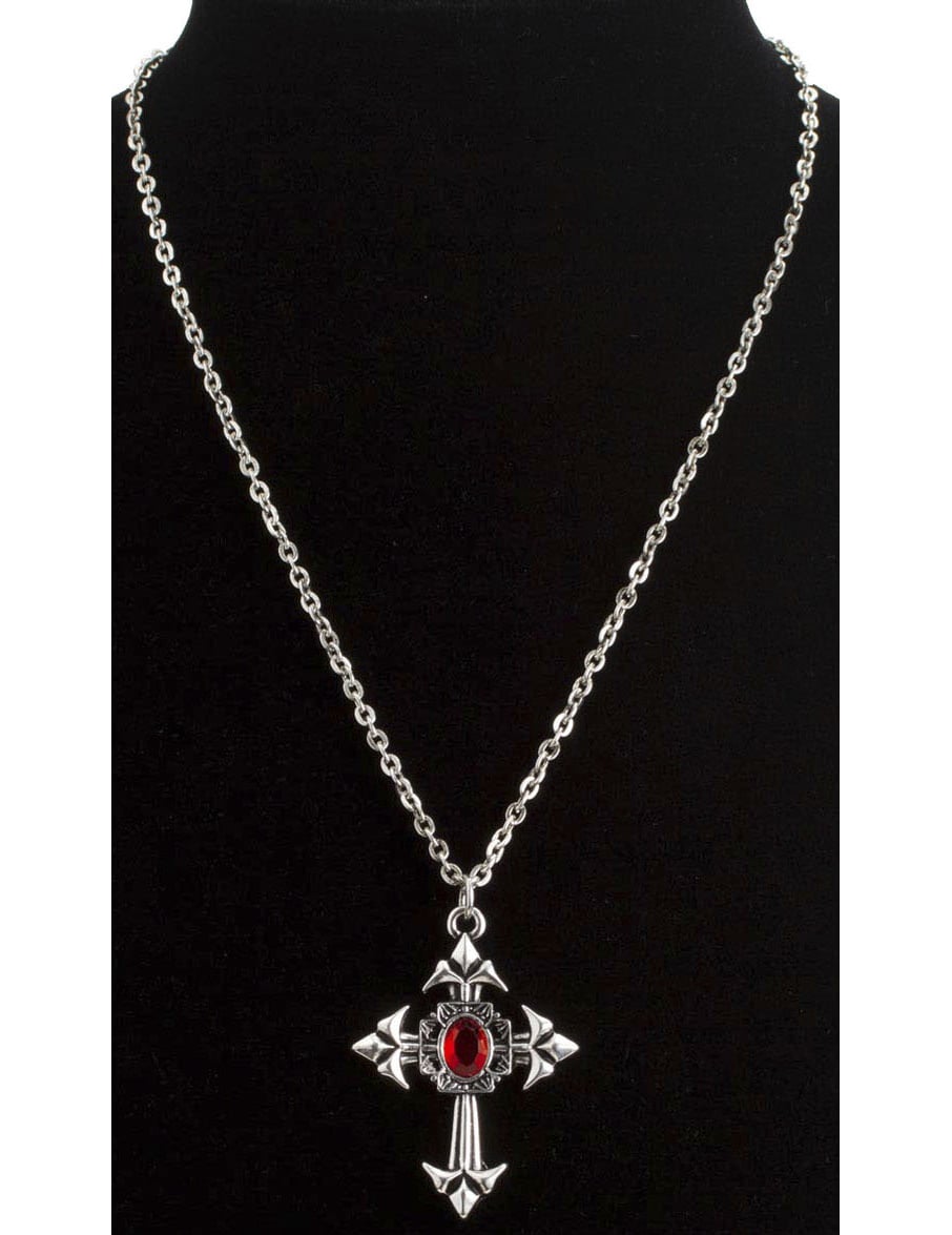 Collier vampire gothique pour adulte argenté avec pierre rouge