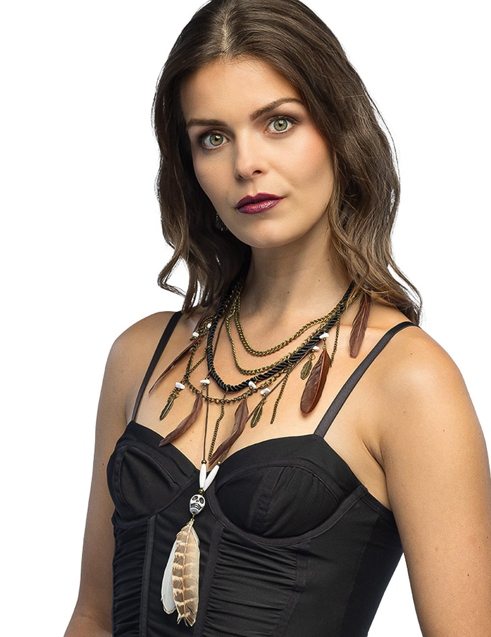 Collier vaudou à plumes pour adulte bronze et noir avec pendentif crâne