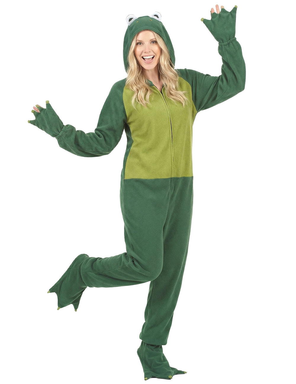Combinaison à capuche grenouille pour femme vert et vert clair avec capuche tête de grenouille et pieds palmés