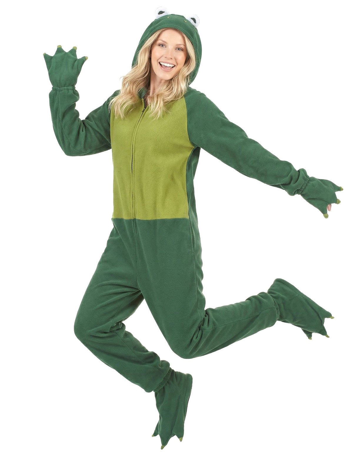 Vue de face en mouvement de la combinaison à capuche grenouille femme