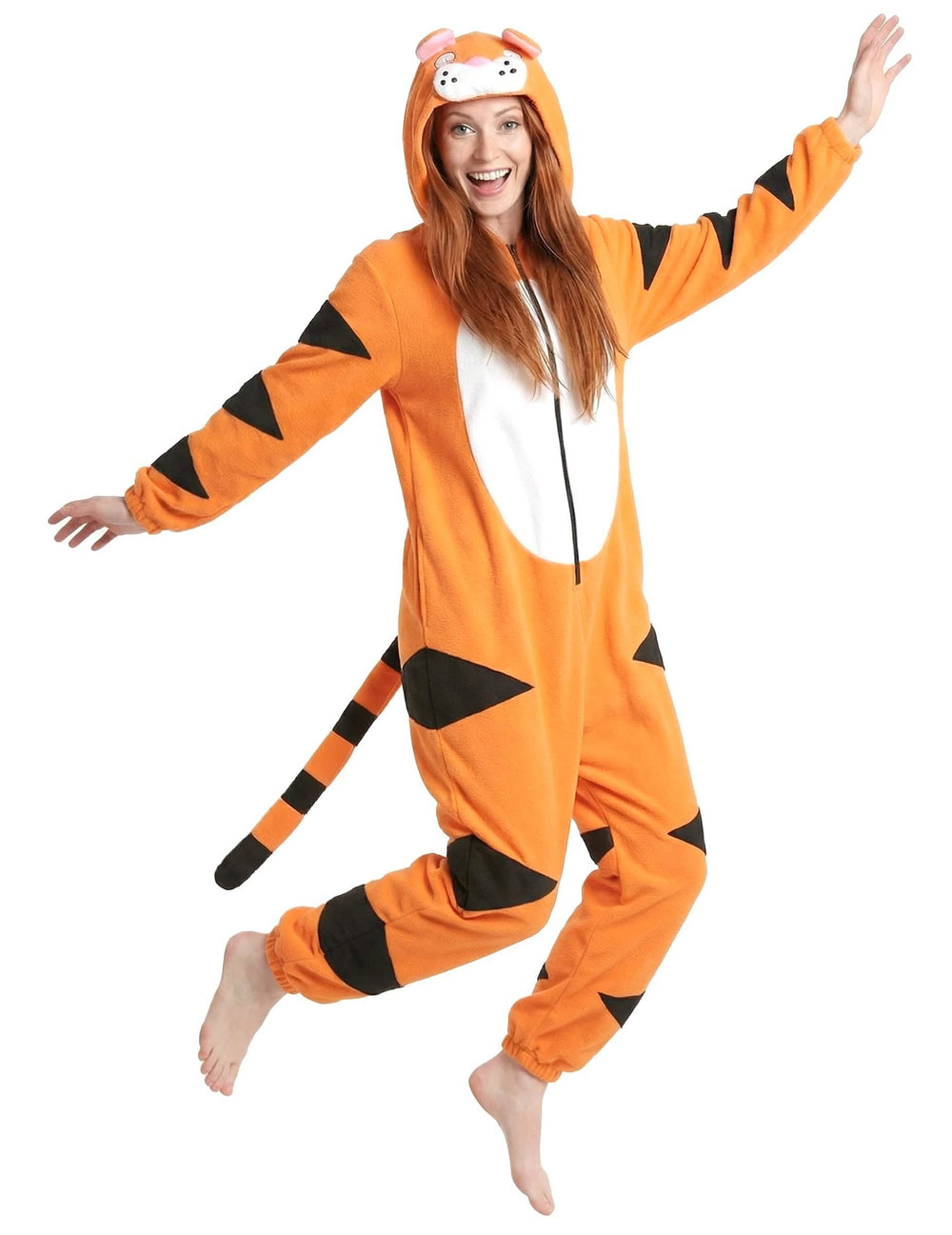 Fato de tigro com capuz para mulher cor de laranja e preto com cauda e ventre branco