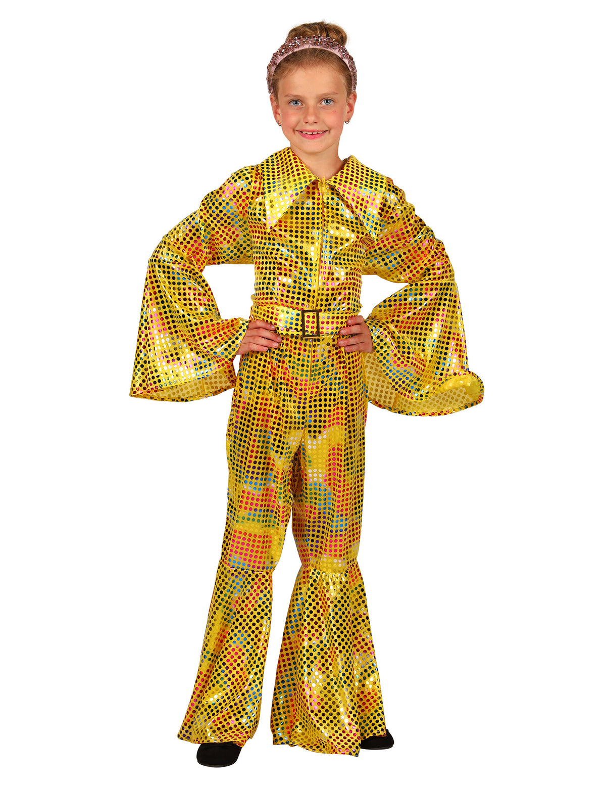 Macacão disco com lantejoulas amarelo para menina