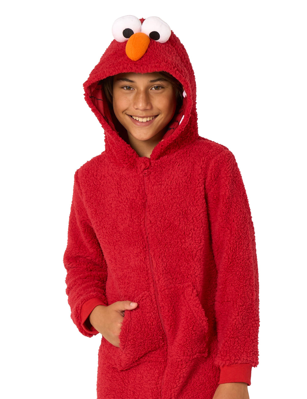 Gros plan sur la capuche de la combinaison Elmo Sesame Street™