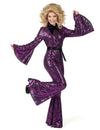 Combinaison disco pour femme violette à sequins avec ceinture haut de gamme