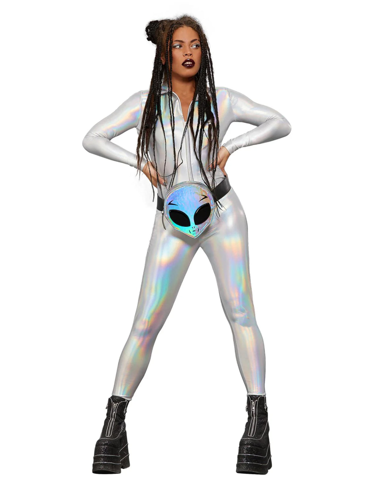 Détail du sac banane alien de la combinaison holographique brillante pour femme