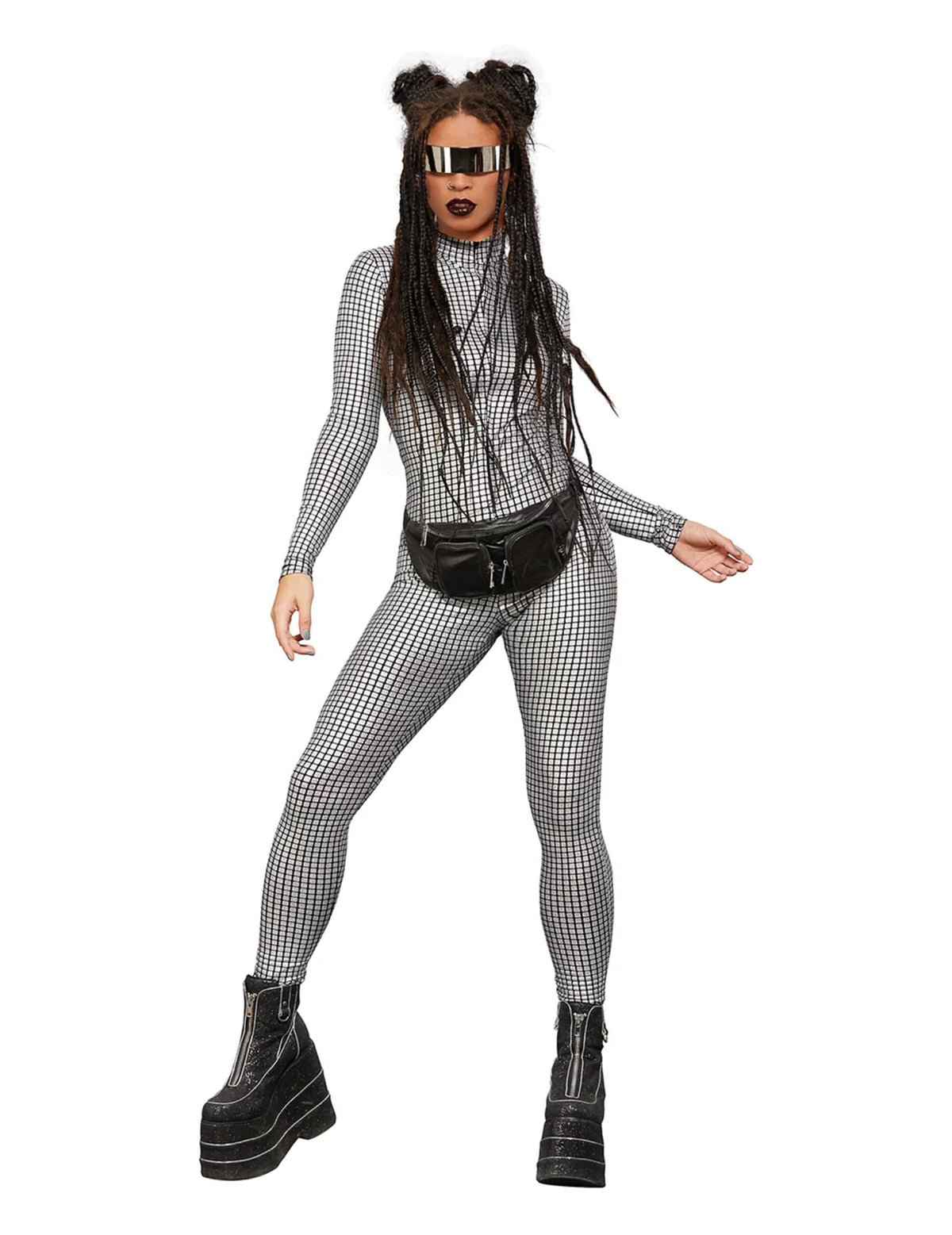 Combinaison holographique disco pour femme argentée à motifs carreaux