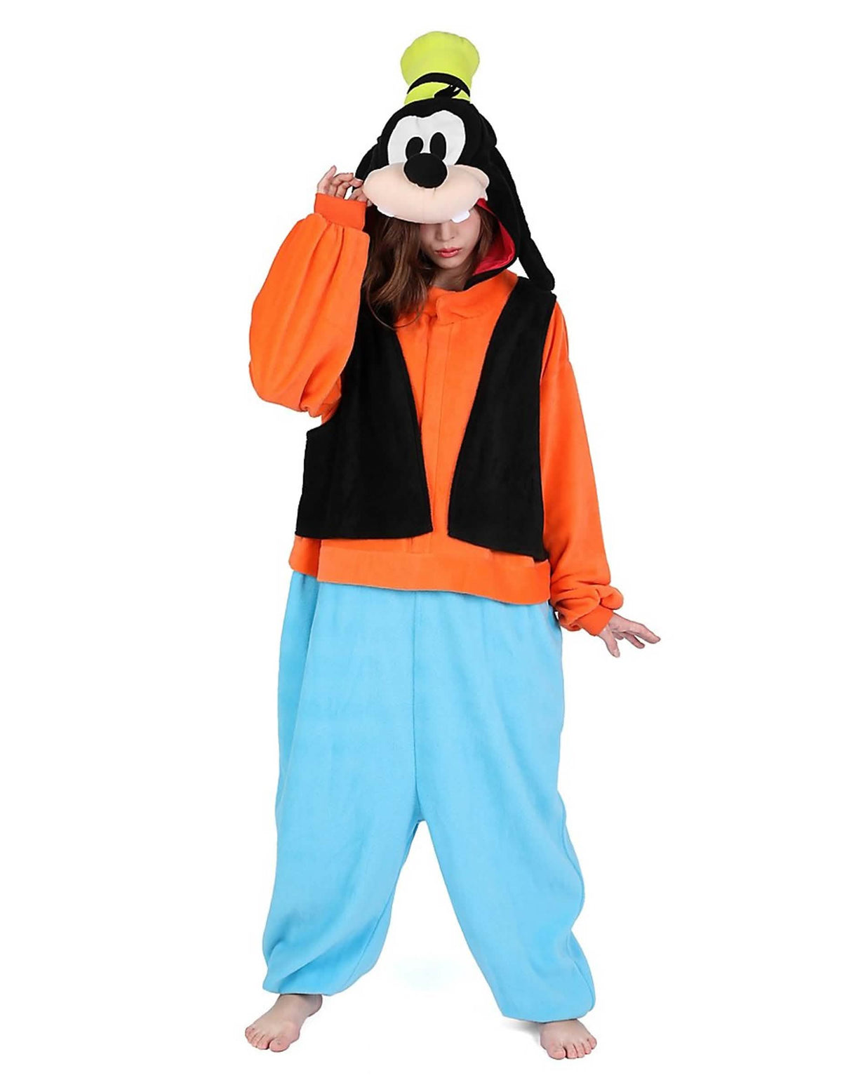 Combinação kigurumi Dingo para adulto cor de laranja, azul e preta com chapéu verde