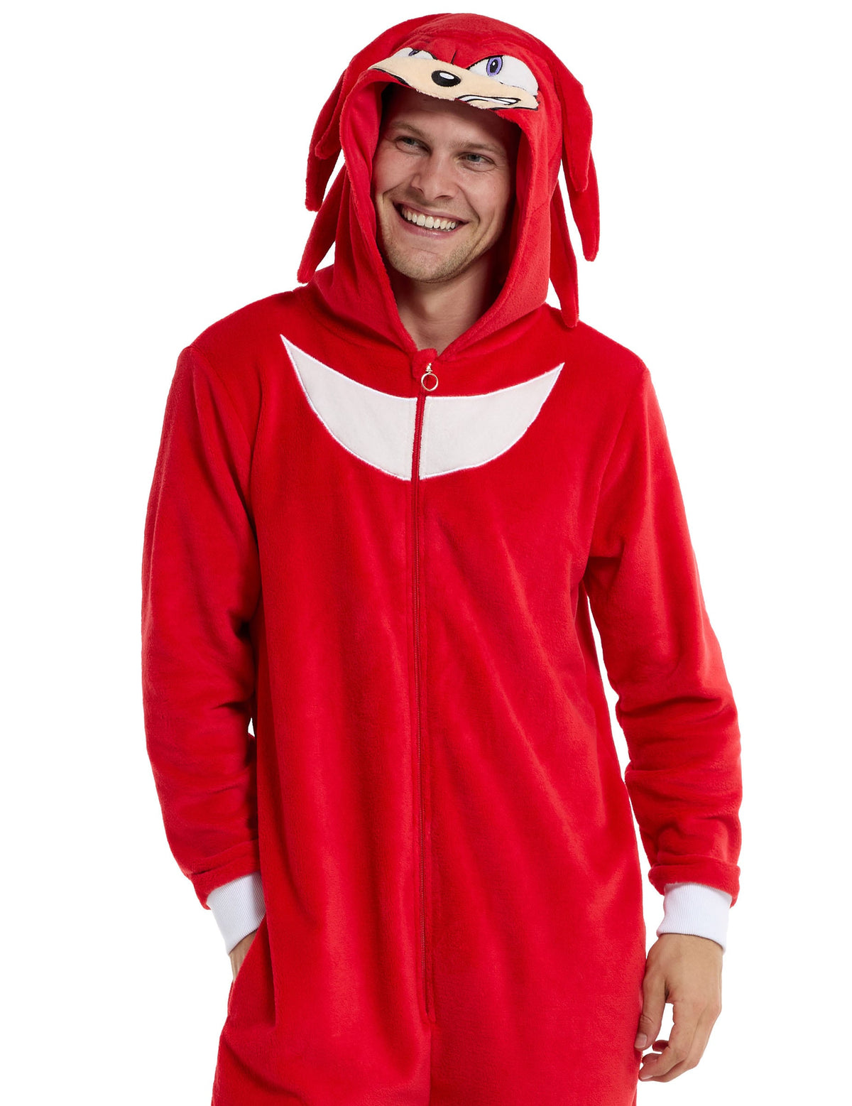 Combinaison Knuckles Sonic™ pour adulte rouge avec capuche tête de Knuckles
